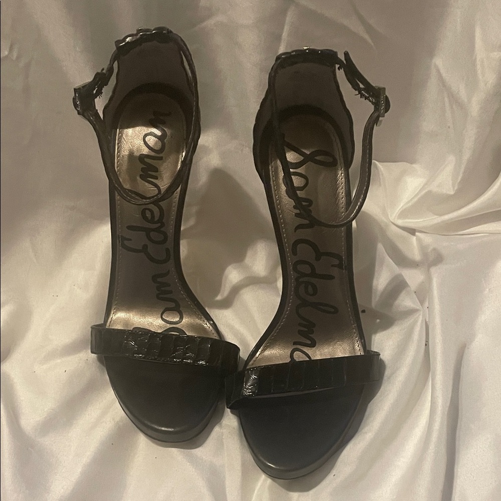 Sam Edelman Black Patent Ankle-Strap Heeled Sandals
